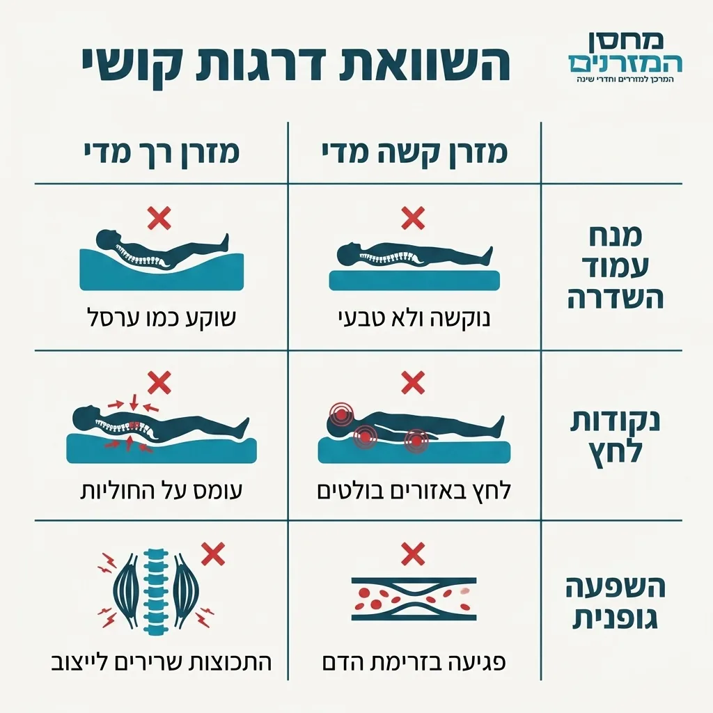 אינפוגרפיקה — השוואת דרגות קושי: השוואה בין מזרן קשה מדי, מזרן רך מדי
