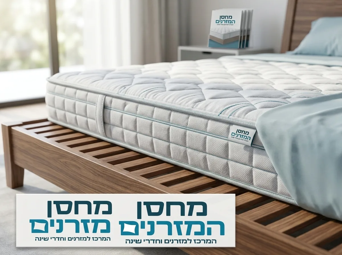 צילום תקריב פוטו-ריאליסטי של מזרן קפיצים יוקרתי המונח על בסיס סלטים מעץ מלא, המדגים כיצד המזרן שוכב בצורה שטוחה ומושלמת ללא שקיעה, תאורת סטודיו רכה מדגישה את הטקסטורה של הבד.