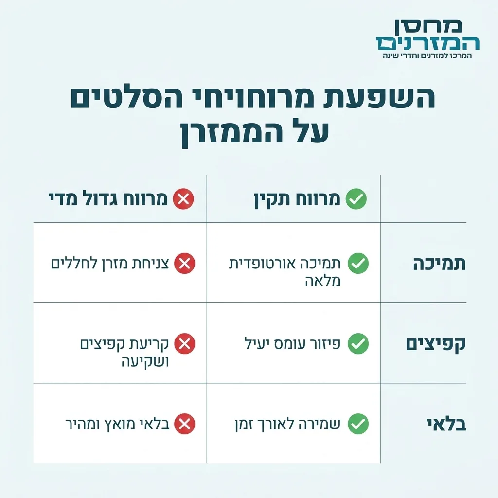 אינפוגרפיקה — השפעת מרווחי הסלטים על המזרן: השוואה בין מרווח תקין, מרווח גדול מדי