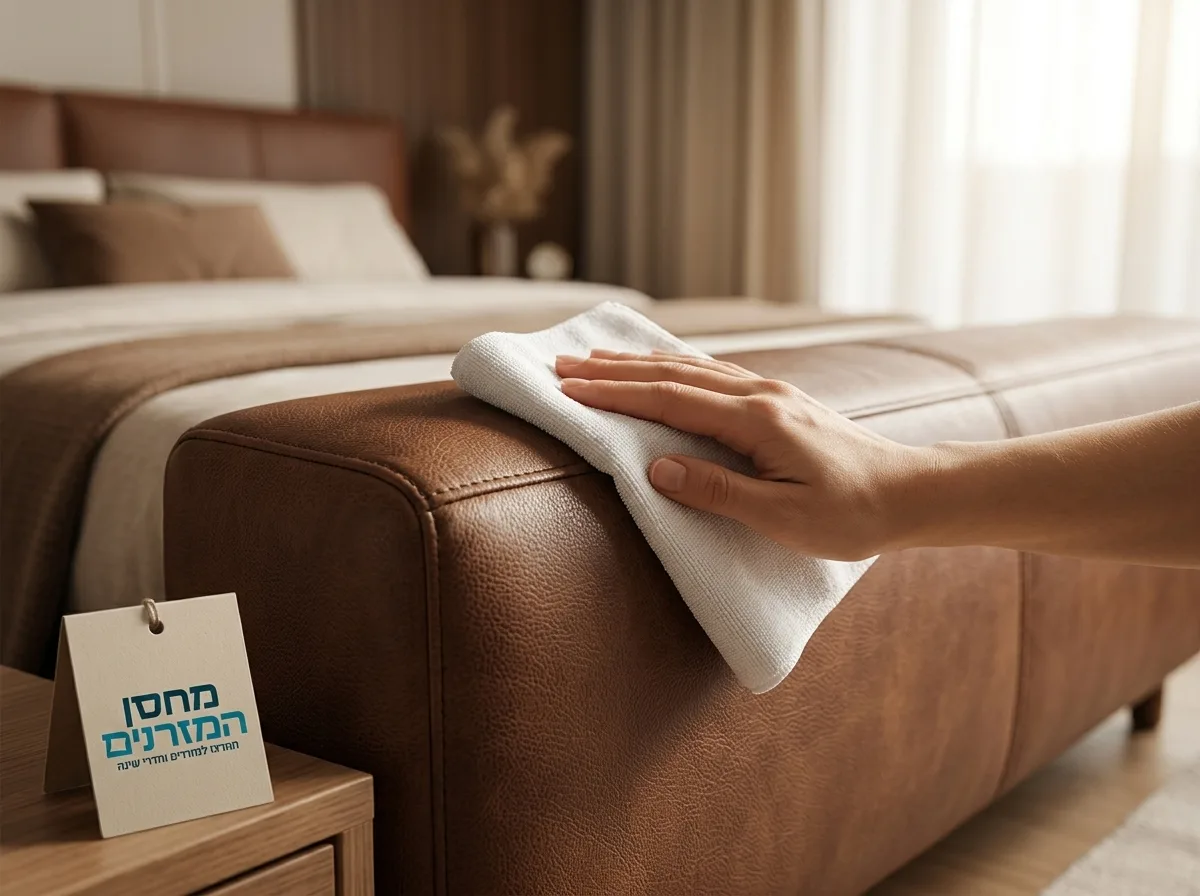 צילום תקריב פוטו-ריאליסטי של מטלית מיקרופייבר לבנה מנגבת בעדינות מסגרת מיטה מרופדת מדמוי עור חום. פוקוס חד על מרקם החומר, תאורה חמה המדגישה את הניקיון, ללא סימני רטיבות מוגזמים.