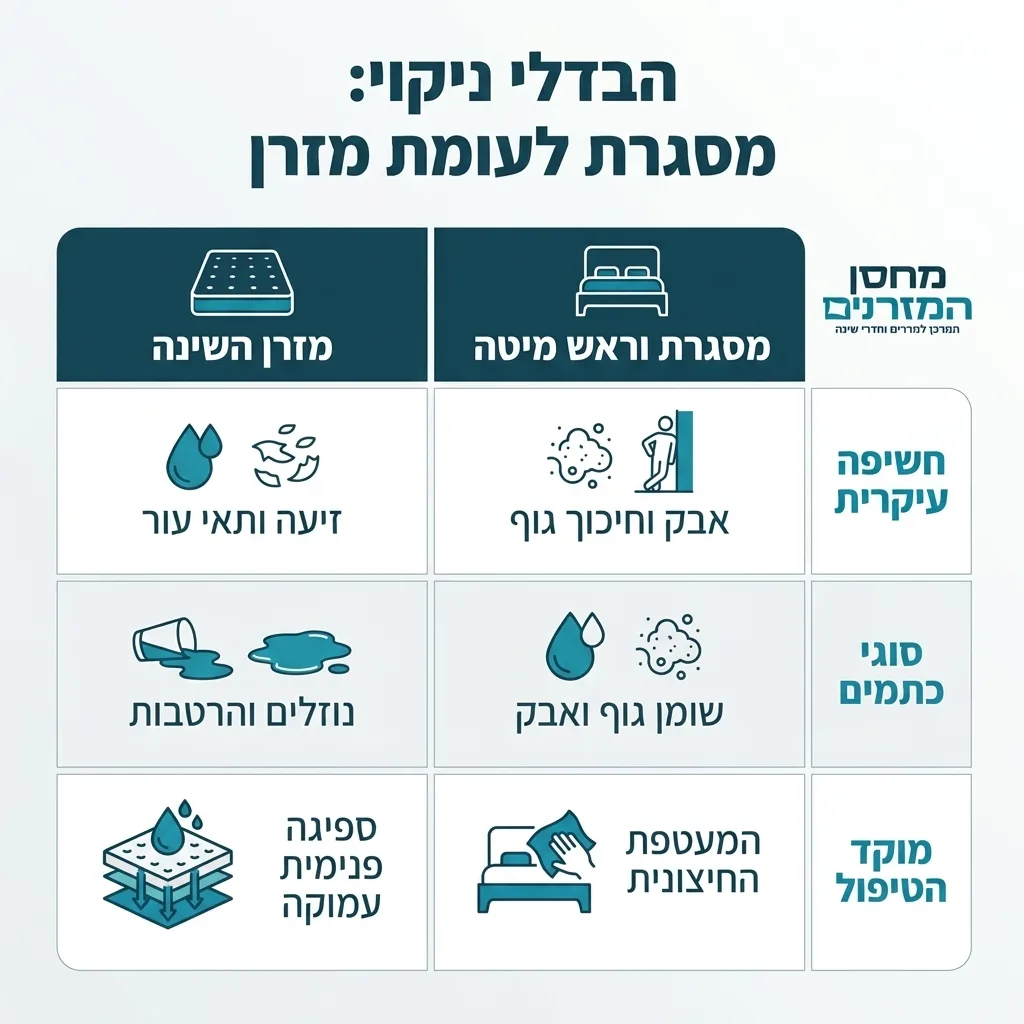 אינפוגרפיקה — הבדלי ניקוי: מסגרת לעומת מזרן: השוואה בין מסגרת וראש מיטה, מזרן השינה