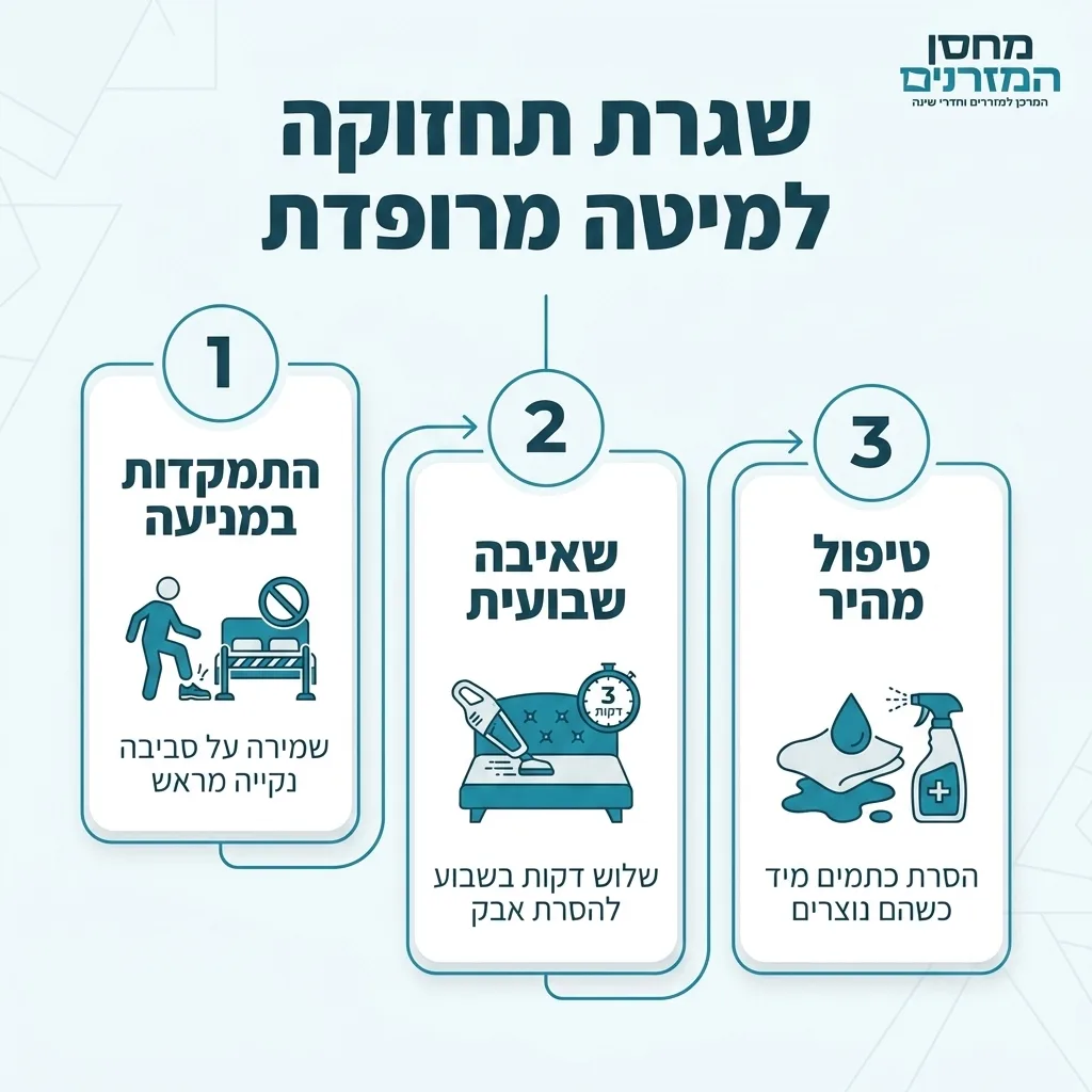 אינפוגרפיקה — שגרת תחזוקה למיטה מרופדת: התמקדות במניעה, שאיבה שבועית, טיפול מהיר