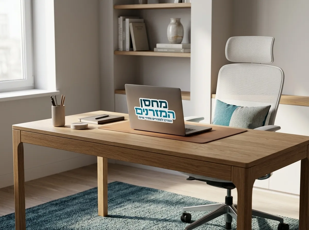 צילום פוטו-ריאליסטי של חדר עבודה ביתי מעוצב בסגנון מודרני, עם שולחן עץ אלון וכיסא מנהלים לבן ארגונומי עם גב רשת, מראה נקי ומסודר שמשתלב בחדר