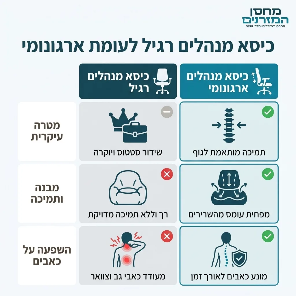 אינפוגרפיקה — כיסא מנהלים רגיל לעומת ארגונומי: השוואה בין כיסא מנהלים רגיל, כיסא מנהלים ארגונומי