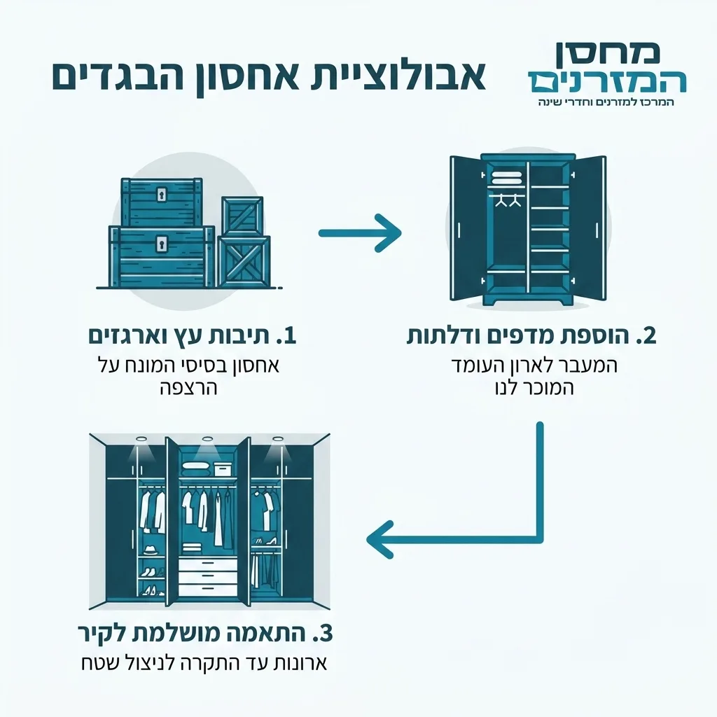 אינפוגרפיקה — אבולוציית אחסון הבגדים: תיבות עץ וארגזים, הוספת מדפים ודלתות, התאמה מושלמת לקיר