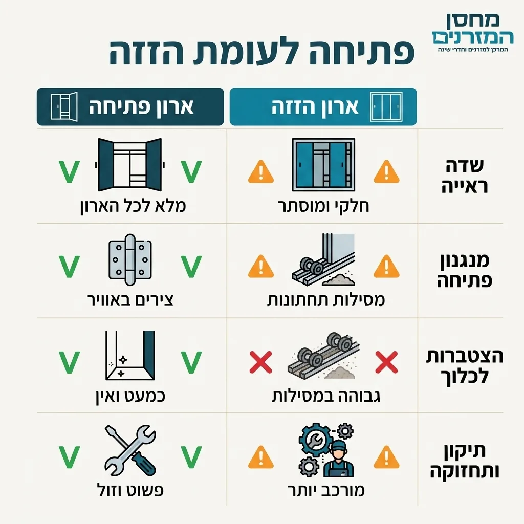 אינפוגרפיקה — פתיחה לעומת הזזה: השוואה בין ארון פתיחה, ארון הזזה