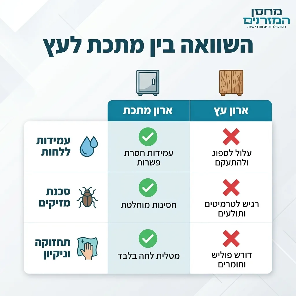 אינפוגרפיקה — השוואה בין מתכת לעץ: השוואה בין ארון מתכת, ארון עץ