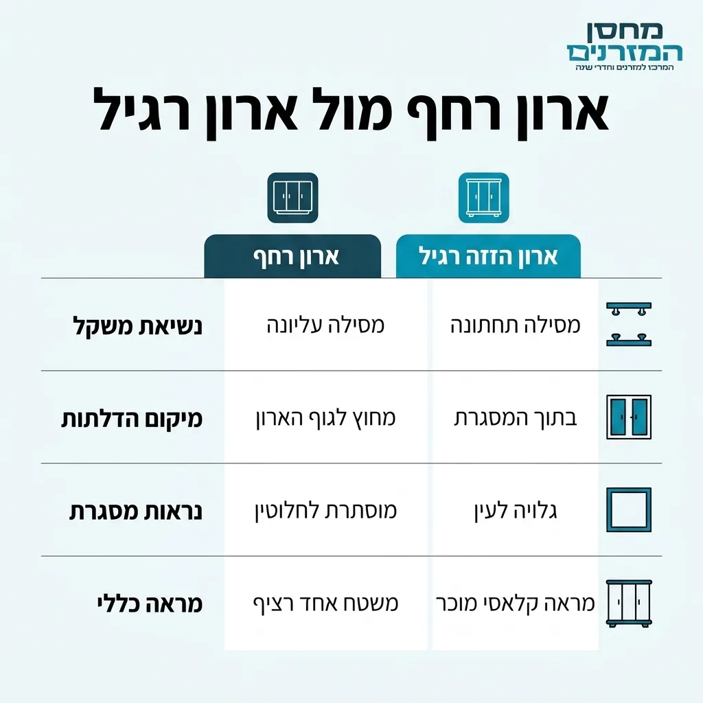 אינפוגרפיקה — ארון רחף מול ארון רגיל: השוואה בין ארון רחף, ארון הזזה רגיל