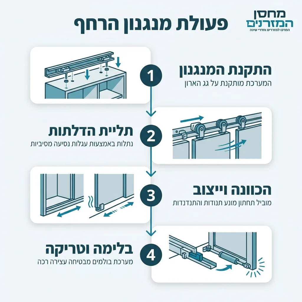 אינפוגרפיקה — פעולת מנגנון הרחף: התקנת המנגנון, תליית הדלתות, הכוונה וייצוב, בלימה וטריקה