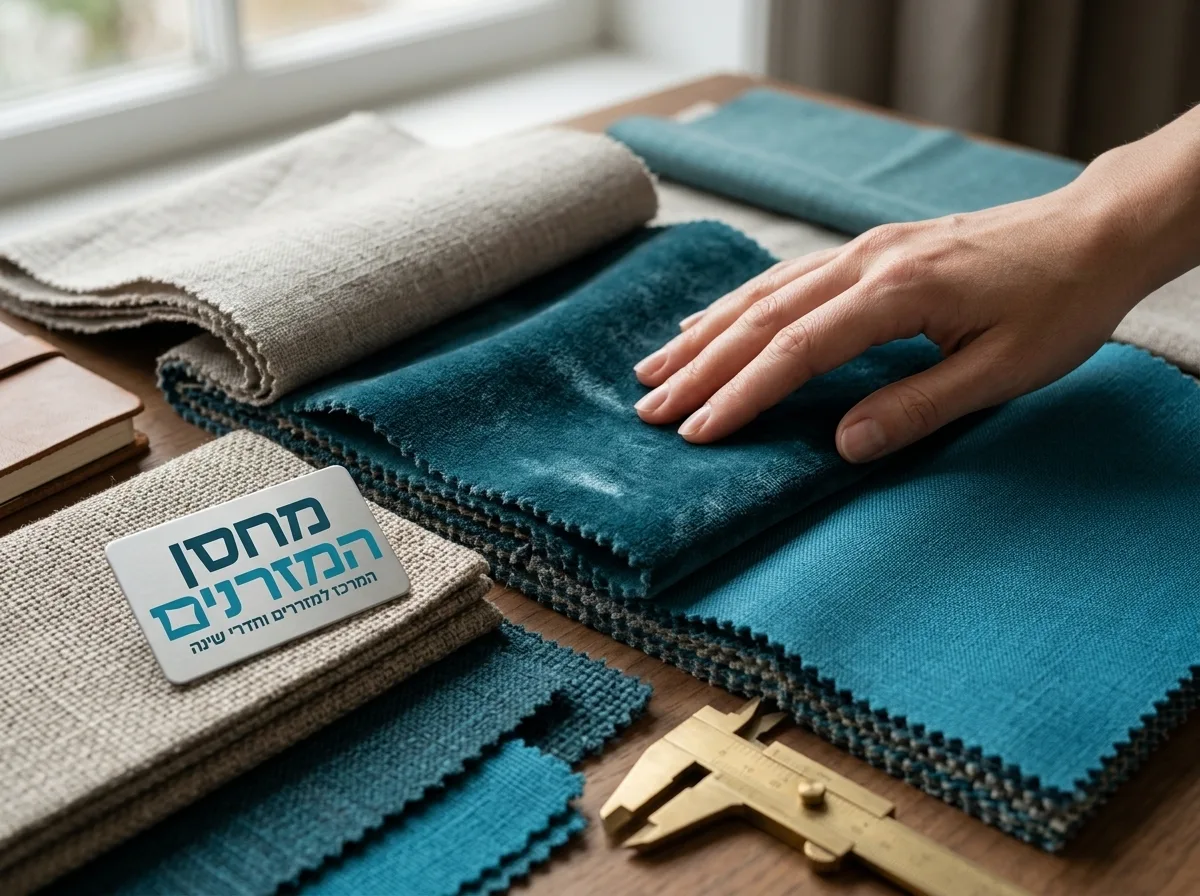 צילום קרוב ומפורט של בדי ריפוד שונים למיטה, מונחים על שולחן עבודה של מעצב, אור טבעי מדגיש את הטקסטורה של הקטיפה והפשתן