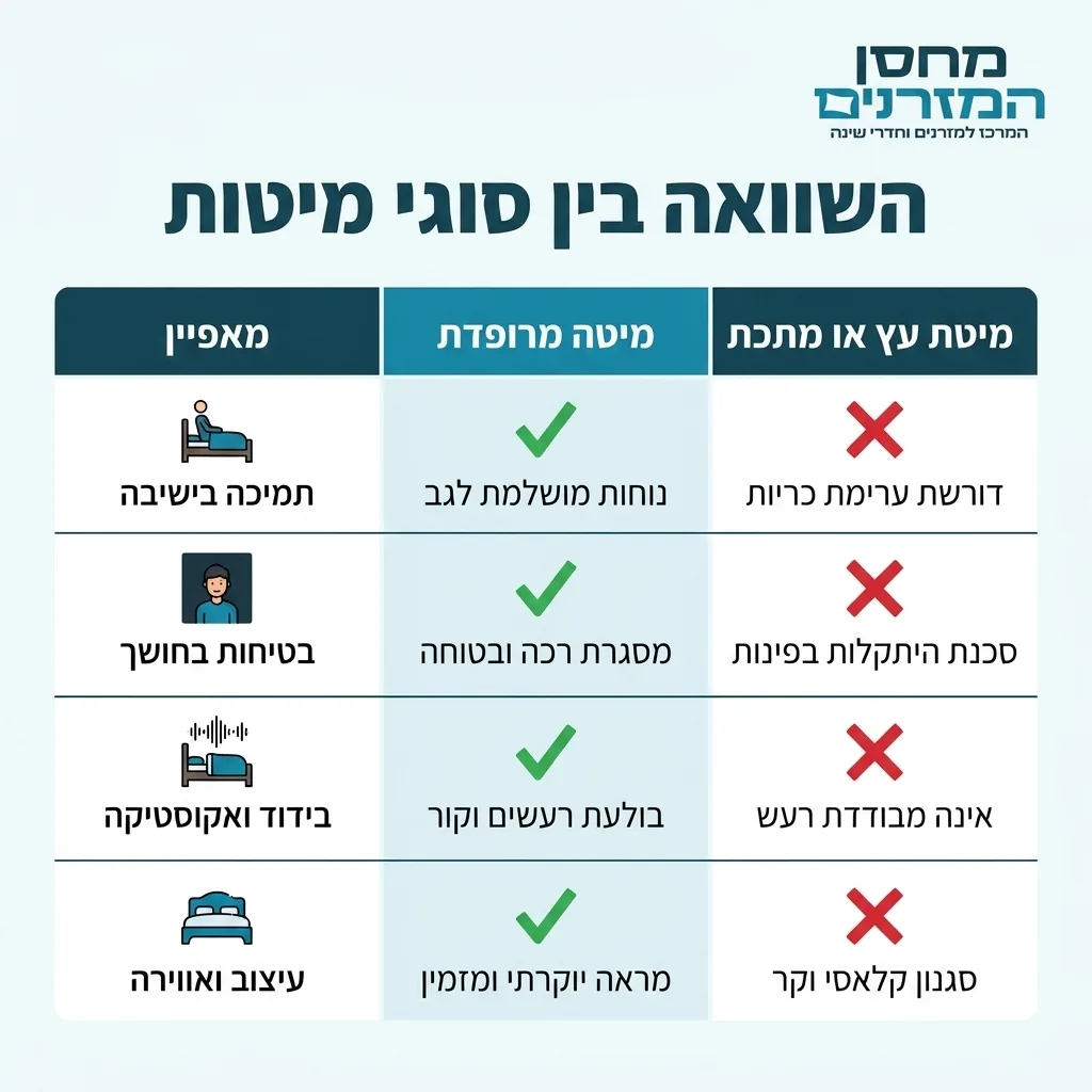 אינפוגרפיקה — השוואה בין סוגי מיטות: השוואה בין מיטה מרופדת, מיטת עץ או מתכת