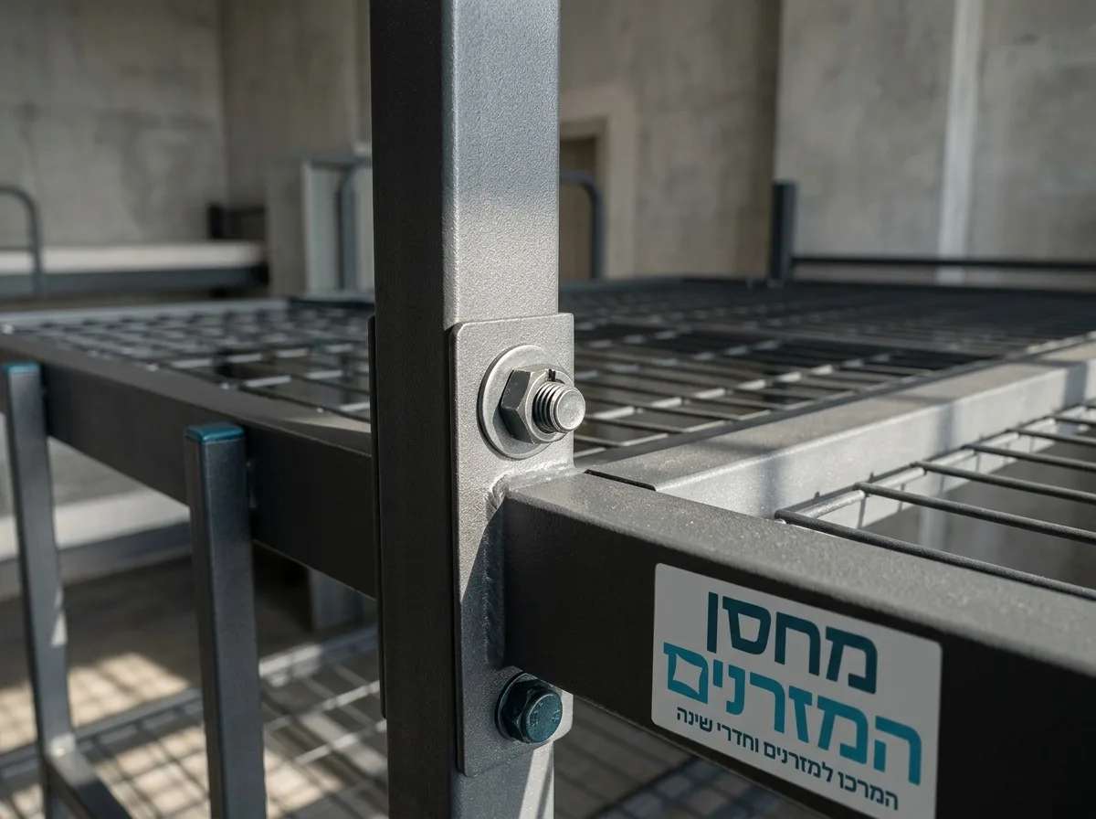 תקריב פוטו-ריאליסטי של חיבורי מתכת מאסיביים במיטת קומותיים, מראה את שלדת הרשת של בסיס המיטה ואת ברגי הפלדה, תאורה חדה המדגישה את עמידות החומר המוסדי