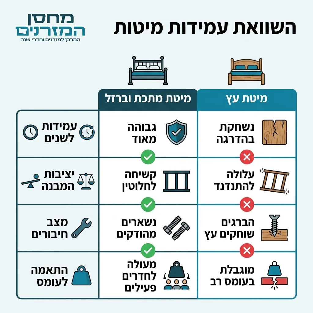 אינפוגרפיקה — השוואת עמידות מיטות: השוואה בין מיטת מתכת וברזל, מיטת עץ