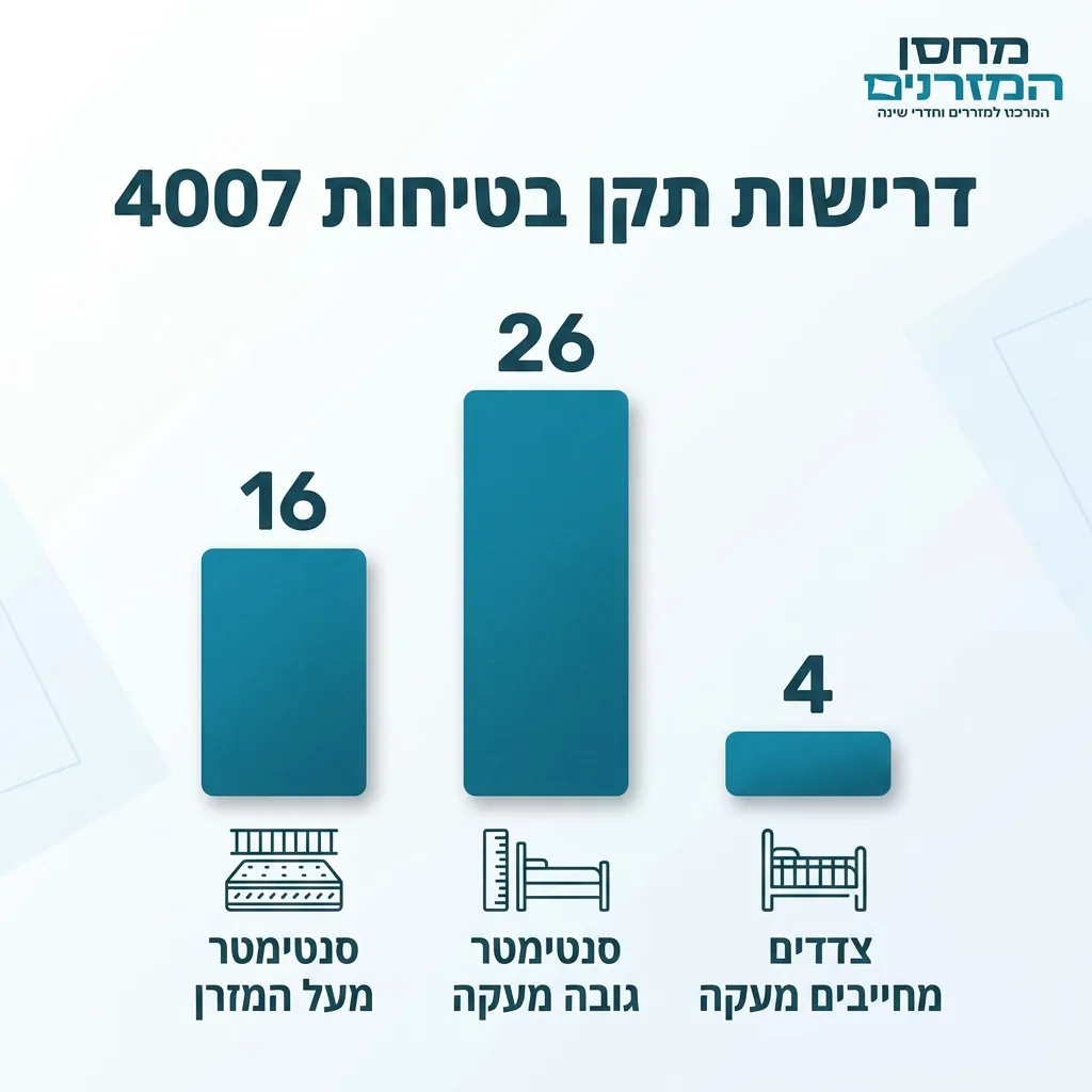 אינפוגרפיקה — דרישות תקן בטיחות 4007: צדדים מחייבים מעקה, סנטימטר גובה מעקה, סנטימטר מעל המזרן