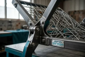 תקריב על חיבורי המתכת המאסיביים ושלדת הרשת של המיטה, המדגיש את החוזק והעמידות של המבנה
