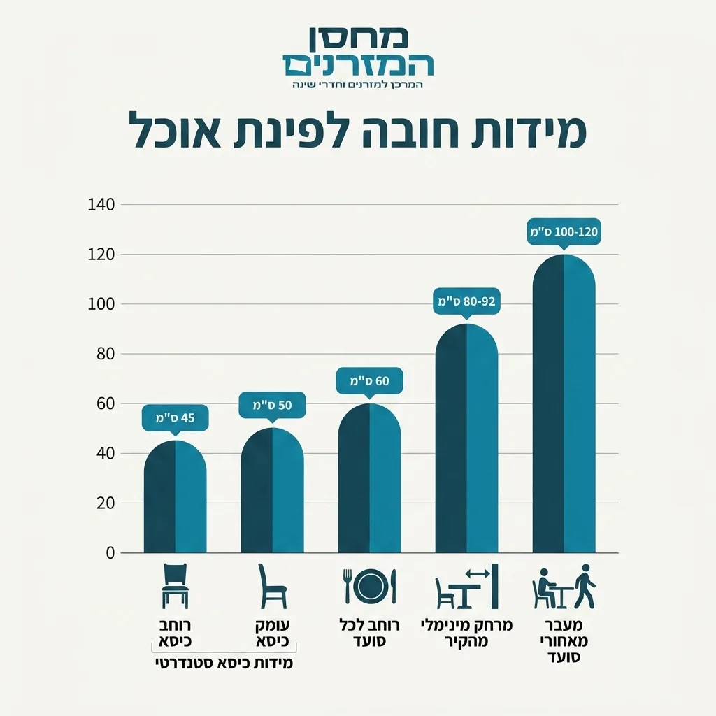 אינפוגרפיקה — מידות חובה לפינת אוכל: מרחק מינימלי מהקיר, מעבר מאחורי סועד, רוחב לכל סועד, מידות כיסא סטנדרטי