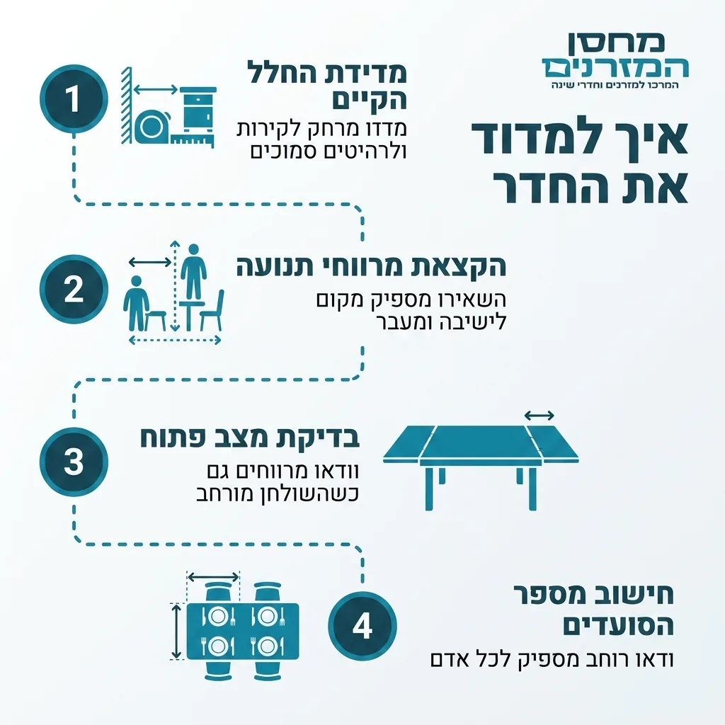 אינפוגרפיקה — איך למדוד את החדר: מדידת החלל הקיים, הקצאת מרווחי תנועה, בדיקת מצב פתוח, חישוב מספר הסועדים