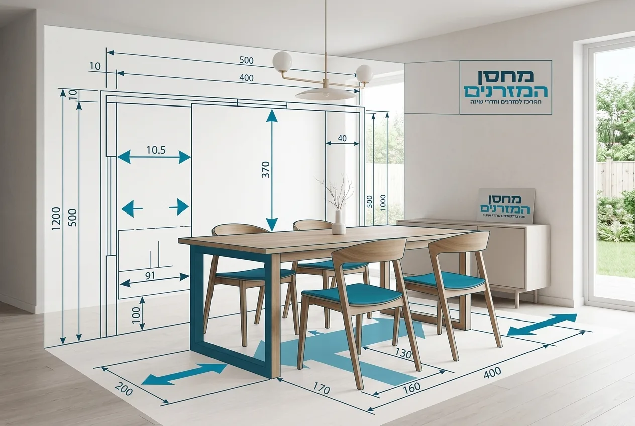 שרטוט אדריכלי פשוט וברור של חלל פינת אוכל עם מידות וחיצים המראים מרווחי תנועה