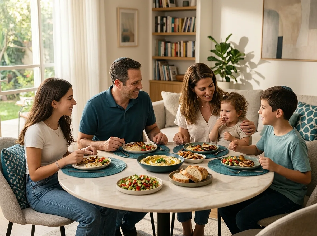 צילום ריאליסטי של משפחה ישראלית יושבת סביב שולחן אוכל עגול מודרני משיש בהיר, מחייכים ומדברים זה עם זה, אווירה אינטימית וחמימה בסלון ביתי מואר היטב