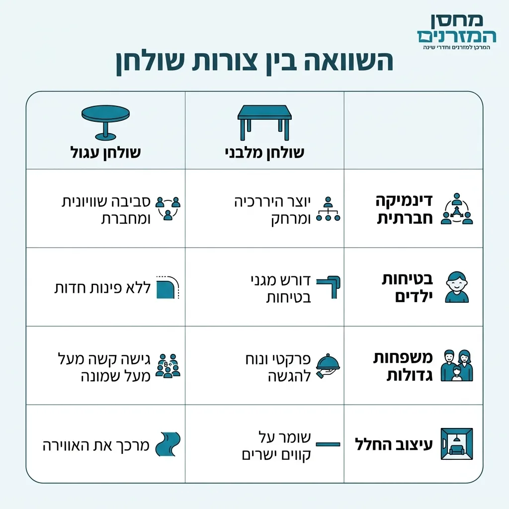 אינפוגרפיקה — השוואה בין צורות שולחן: השוואה בין שולחן עגול, שולחן מלבני