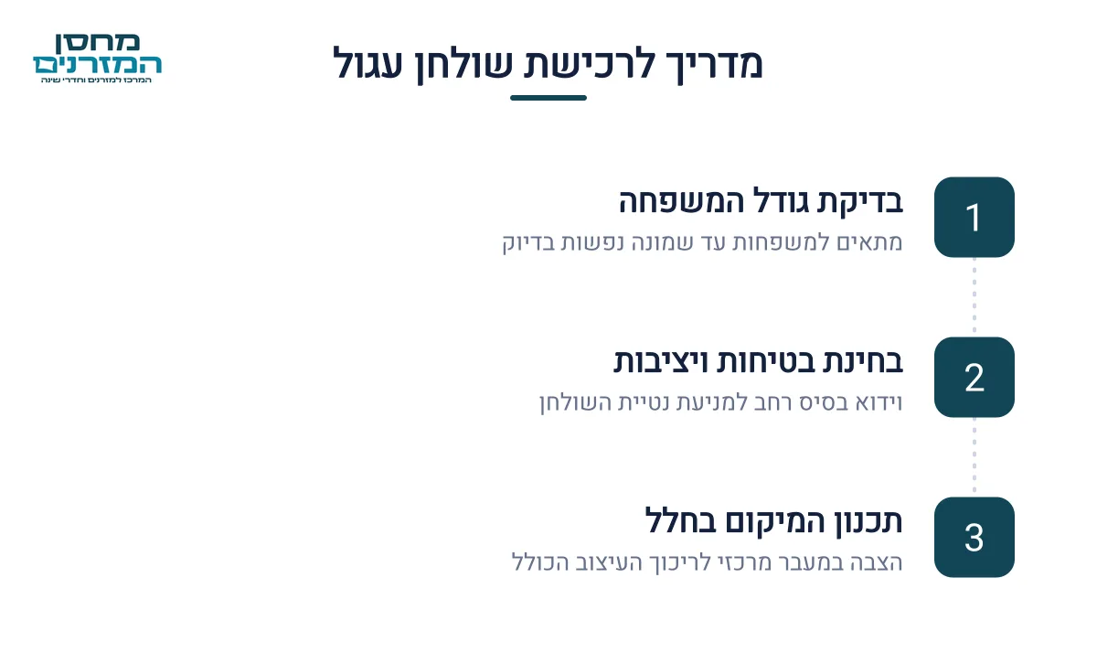 אינפוגרפיקה — מדריך לרכישת שולחן עגול: בדיקת גודל המשפחה, בחינת בטיחות ויציבות, תכנון המיקום בחלל