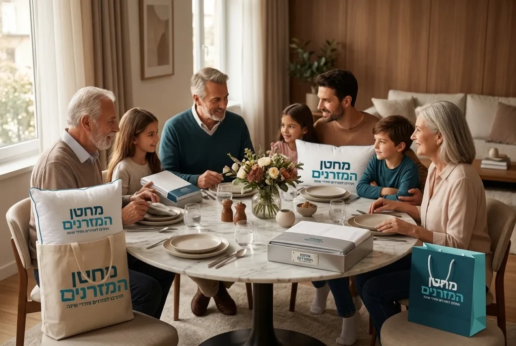 משפחה יושבת סביב שולחן אוכל עגול מודרני משיש, באווירה חמימה ואינטימית