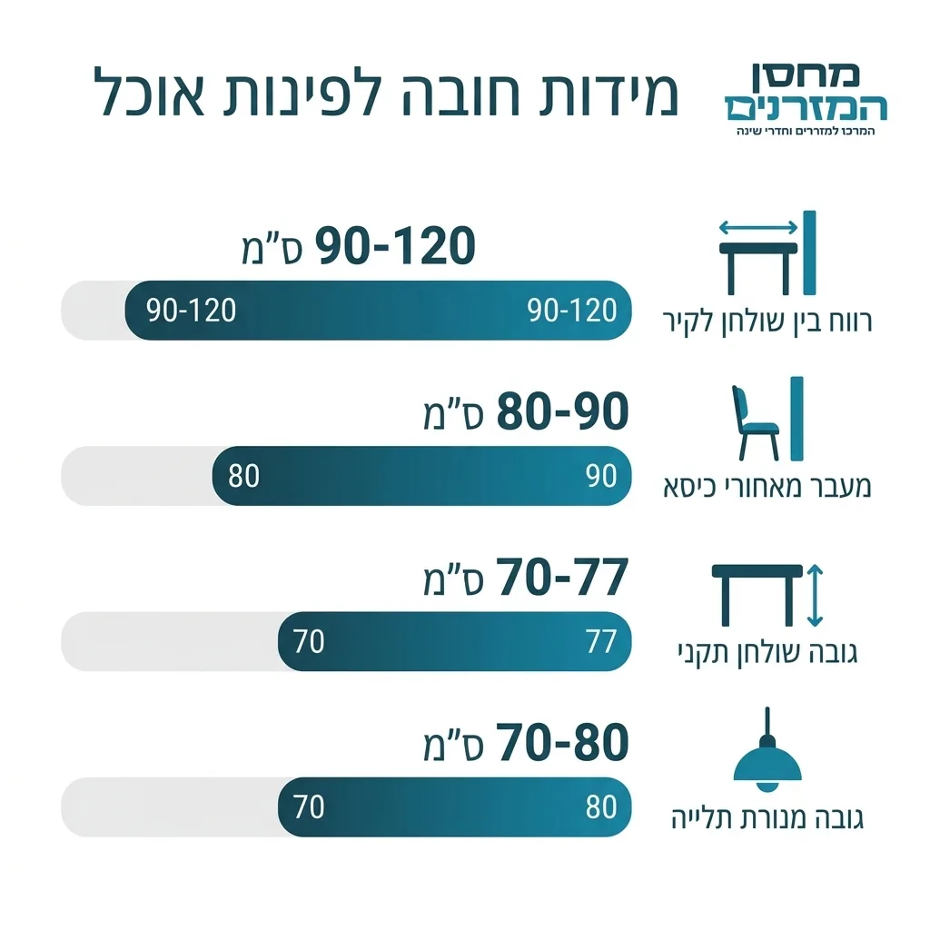אינפוגרפיקה — מידות חובה לפינות אוכל: ס״מ בין שולחן לקיר, ס״מ מעבר מאחורי כיסא, ס״מ לגובה שולחן תקני, ס״מ גובה מנורת תלייה