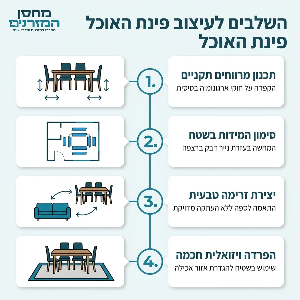 אינפוגרפיקה — השלבים לעיצוב פינת האוכל: תכנון מרווחים תקניים, סימון המידות בשטח, יצירת זרימה טבעית, הפרדה ויזואלית חכמה