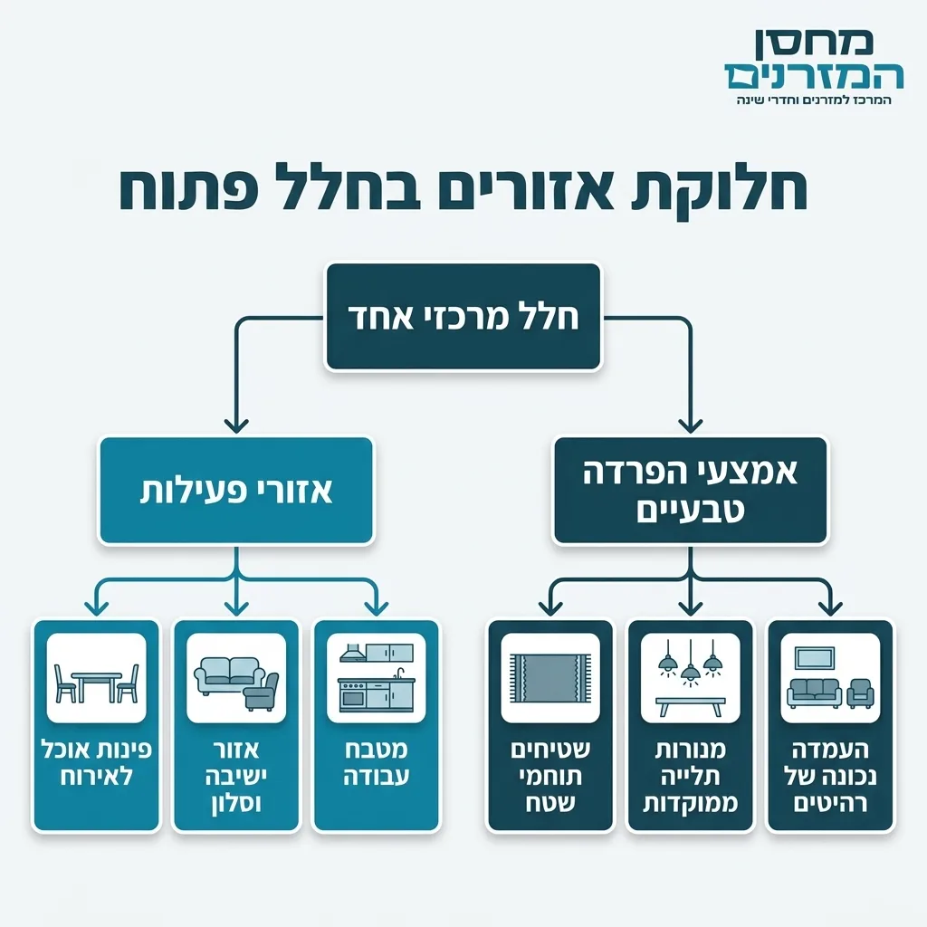אינפוגרפיקה — חלוקת אזורים בחלל פתוח: חלל מרכזי אחד