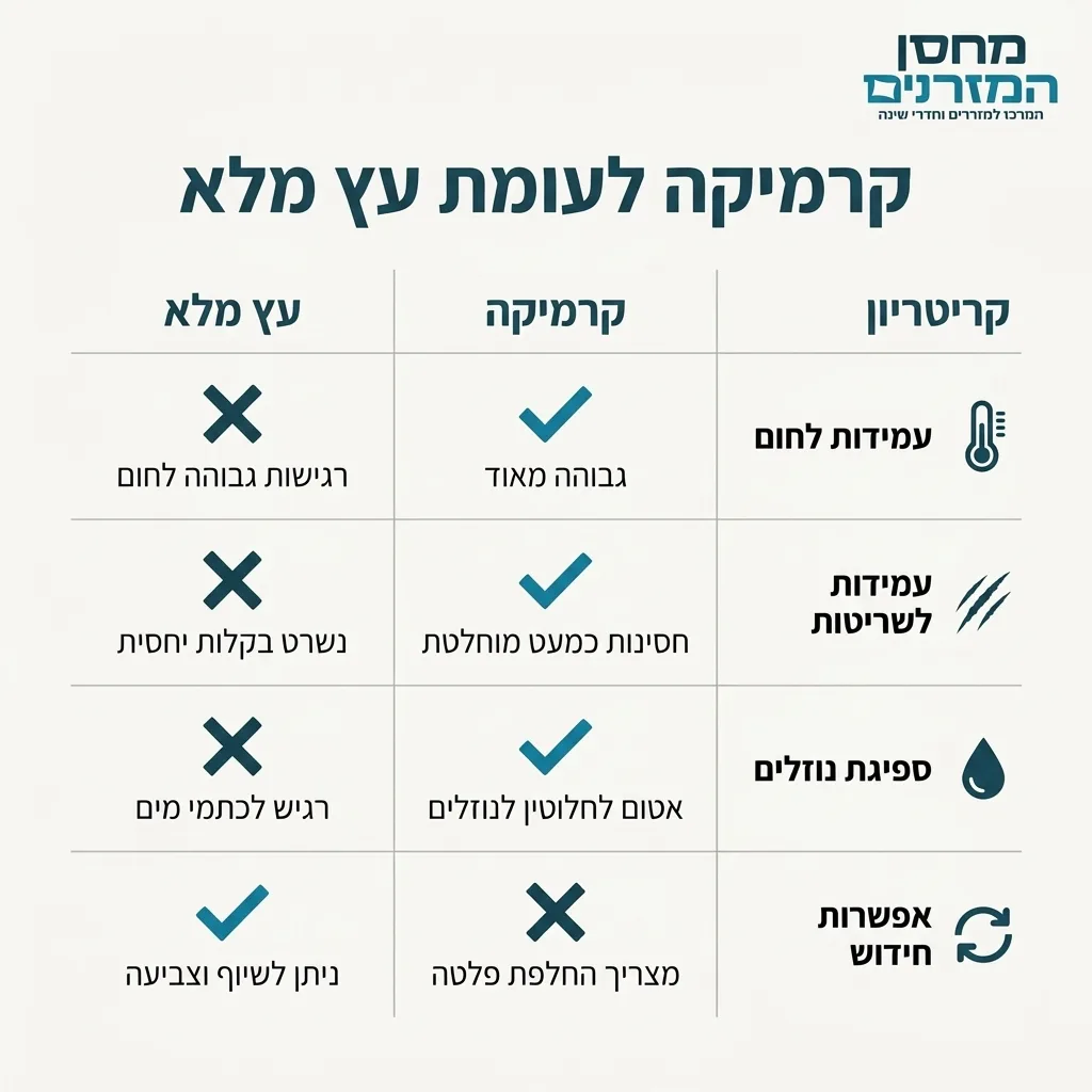 אינפוגרפיקה — קרמיקה לעומת עץ מלא: השוואה בין קרמיקה, עץ מלא