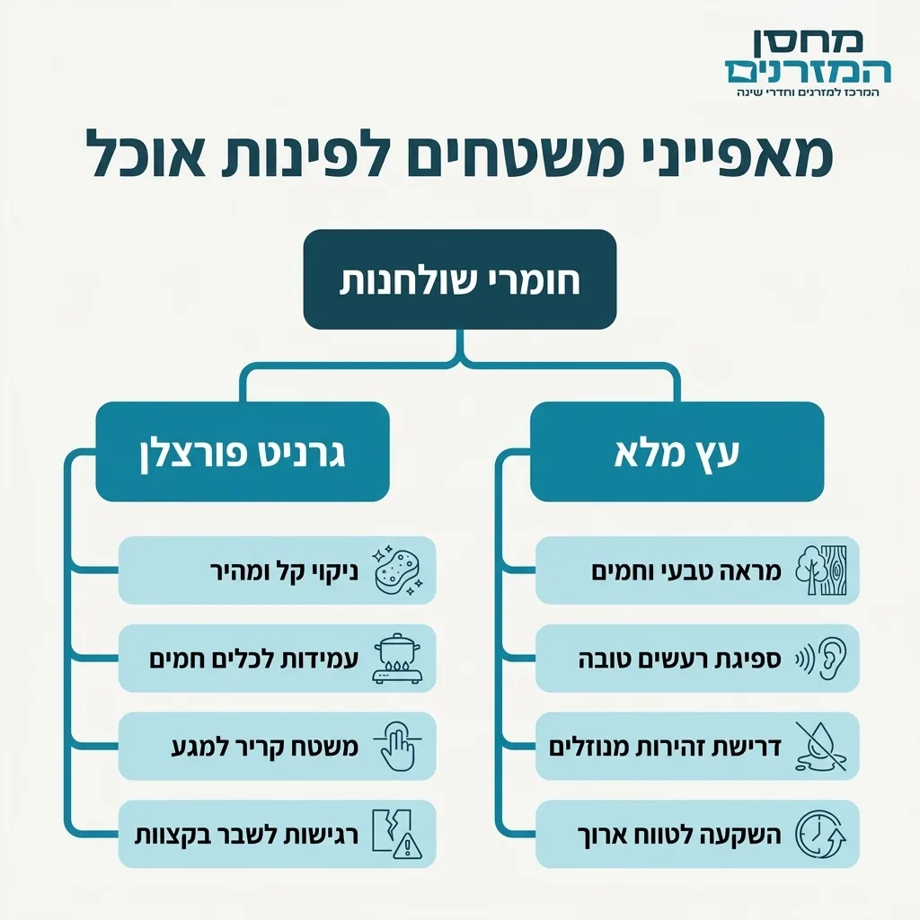 אינפוגרפיקה — מאפייני משטחים לפינות אוכל: חומרי שולחנות