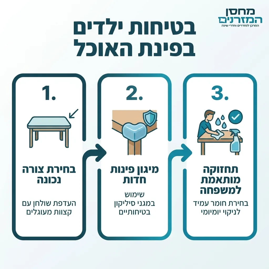אינפוגרפיקה — בטיחות ילדים בפינת האוכל: בחירת צורה נכונה, מיגון פינות חדות, תחזוקה מותאמת למשפחה