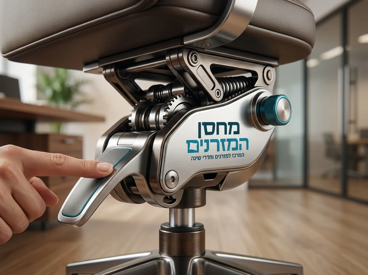 צילום תקריב של מנגנון כוונון מתכתי איכותי בתחתית כורסת מנהלים, אצבע לוחצת על ידית, פוקוס חד על מתכת מבריקה, רקע משרדי מטושטש