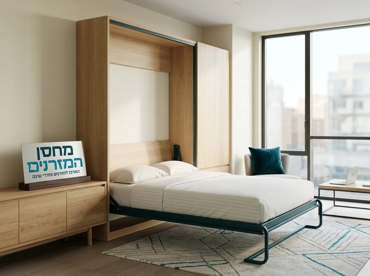 צילום פוטו-ריאליסטי של דירת סטודיו מודרנית ונקייה. בצד החדר מיטה מתקפלת מעוצבת פתוחה למחצה, שלדת מתכת יציבה, מזרן לבן ונקי, תאורת יום טבעית שוטפת את החדר מחלון גדול.